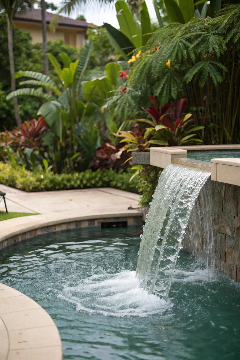 Enjoy the serenity of a jacuzzi with a waterfall edge flowing into the pool.