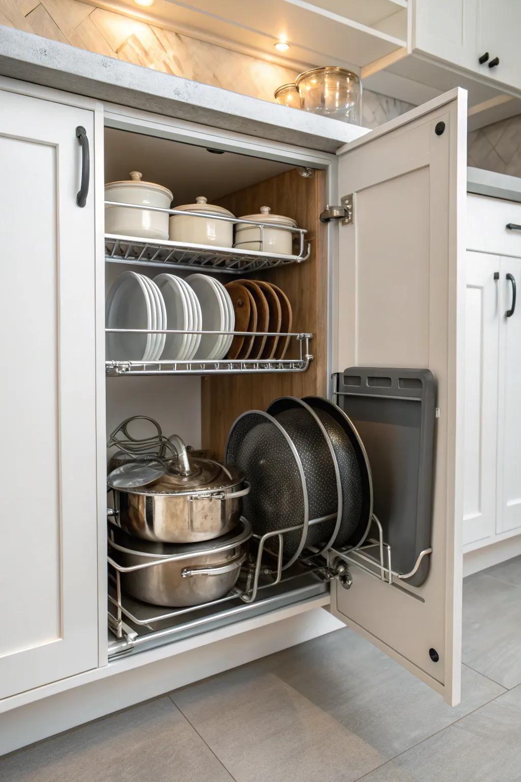 Tiered shelving units and customizable partitions contribute to an organized and easily accessible cabinet.