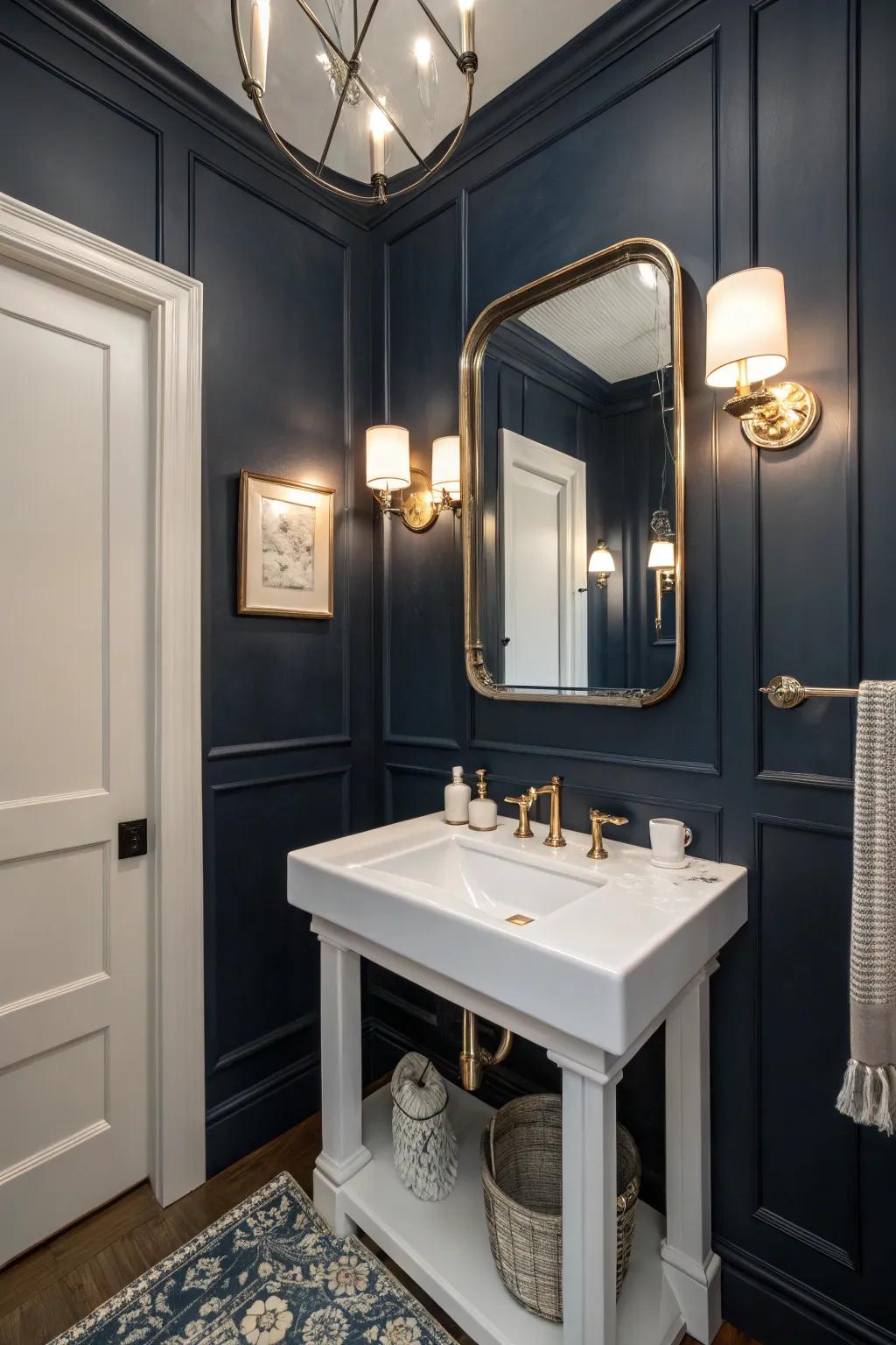 A navy wall adds drama and elegance.
