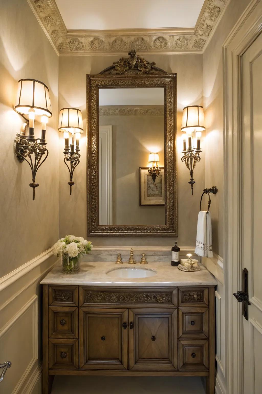 Wall fixtures beside a mirror enhance refinement and minimize shadows.