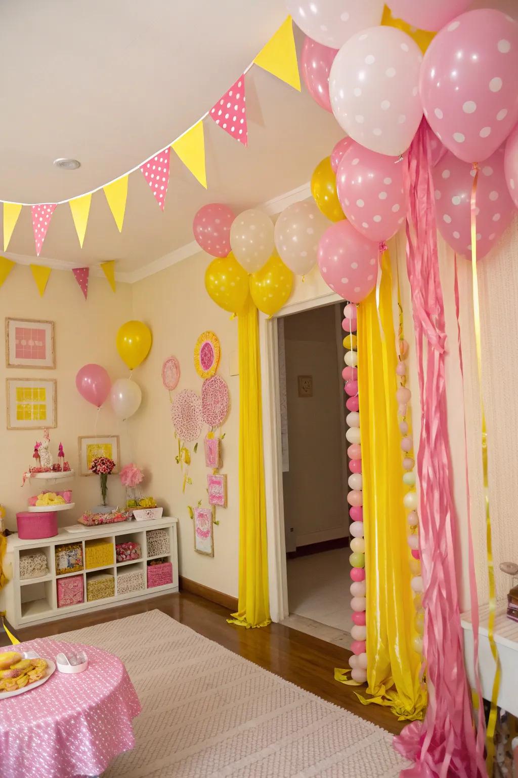 A room alive with rose and sunshine decorations for a vibrant, retro celebration.