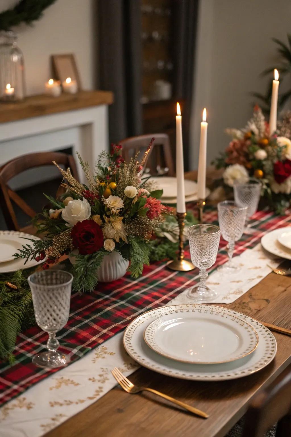 A dining table is made vibrant with a stylish tartan table covering and festive decorations.