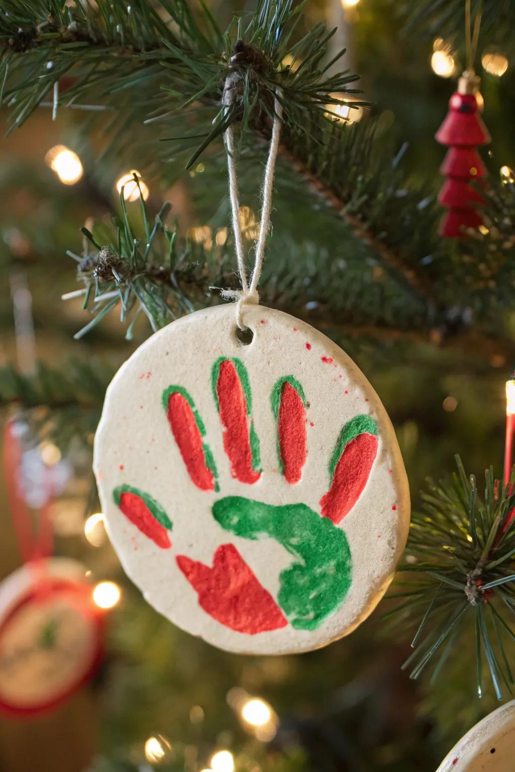 Adding a personal touch to holiday decorations with a painted salt dough handprint ornament.