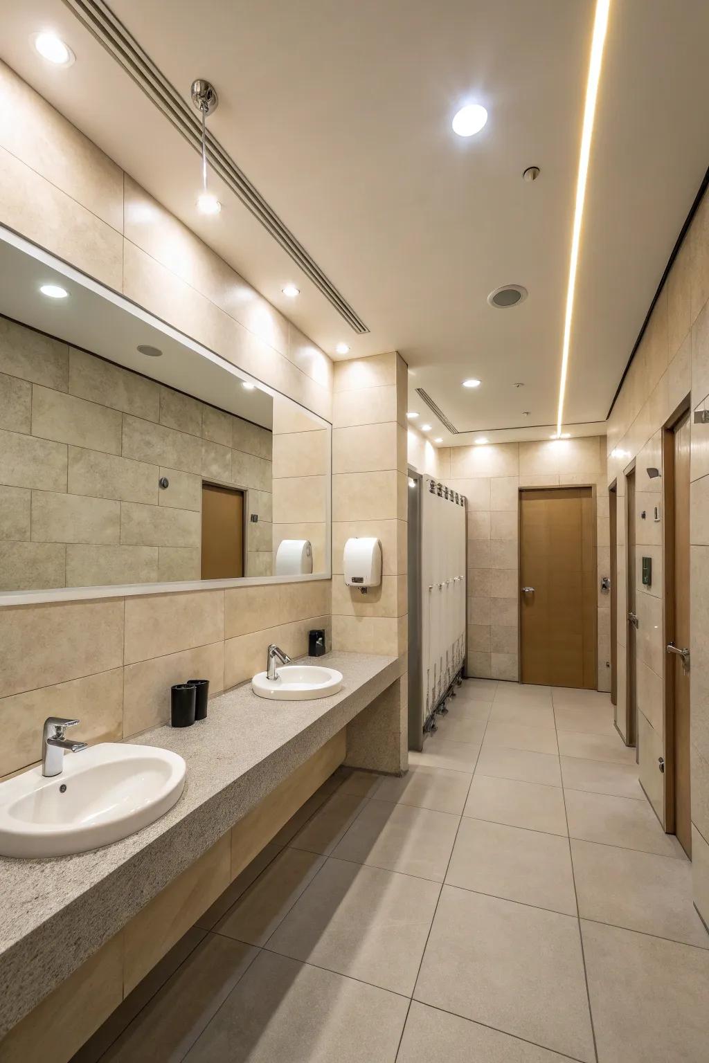 A simple public restroom that radiates serenity through its crisp outlines and neutral hues.