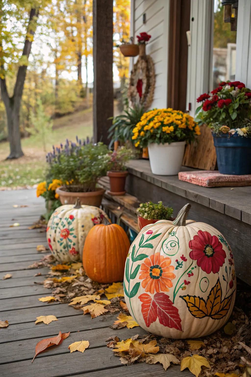 Pumpkins adorned with lively floral artistry.