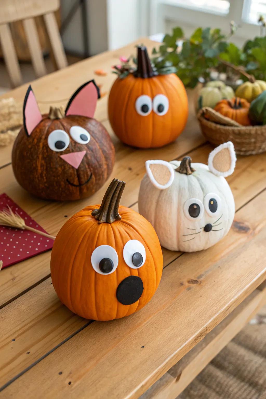Pumpkins uniquely adorned as lovable critters.