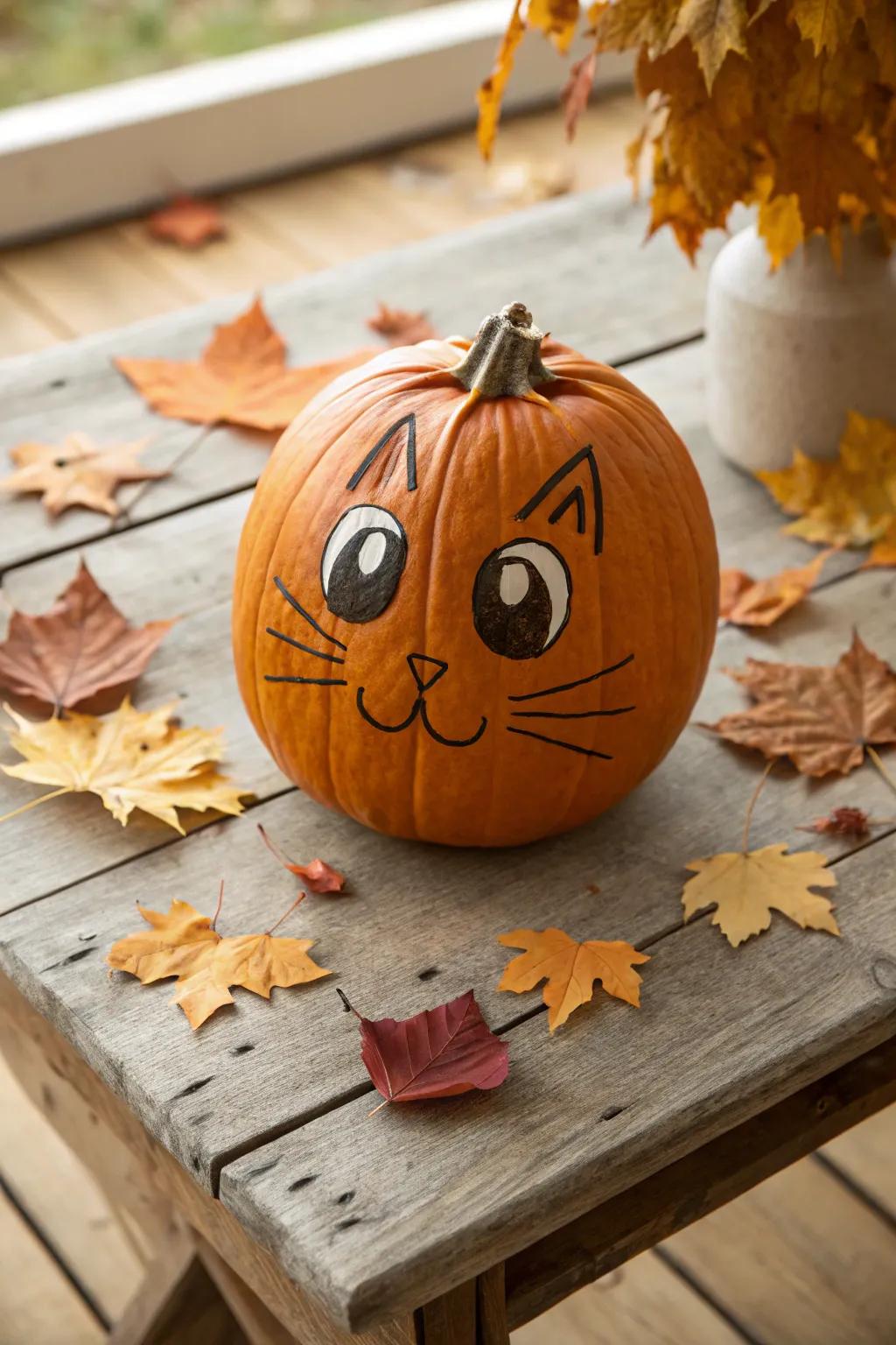 A pumpkin showcasing a beautifully carved cat face, ideal for feline enthusiasts.