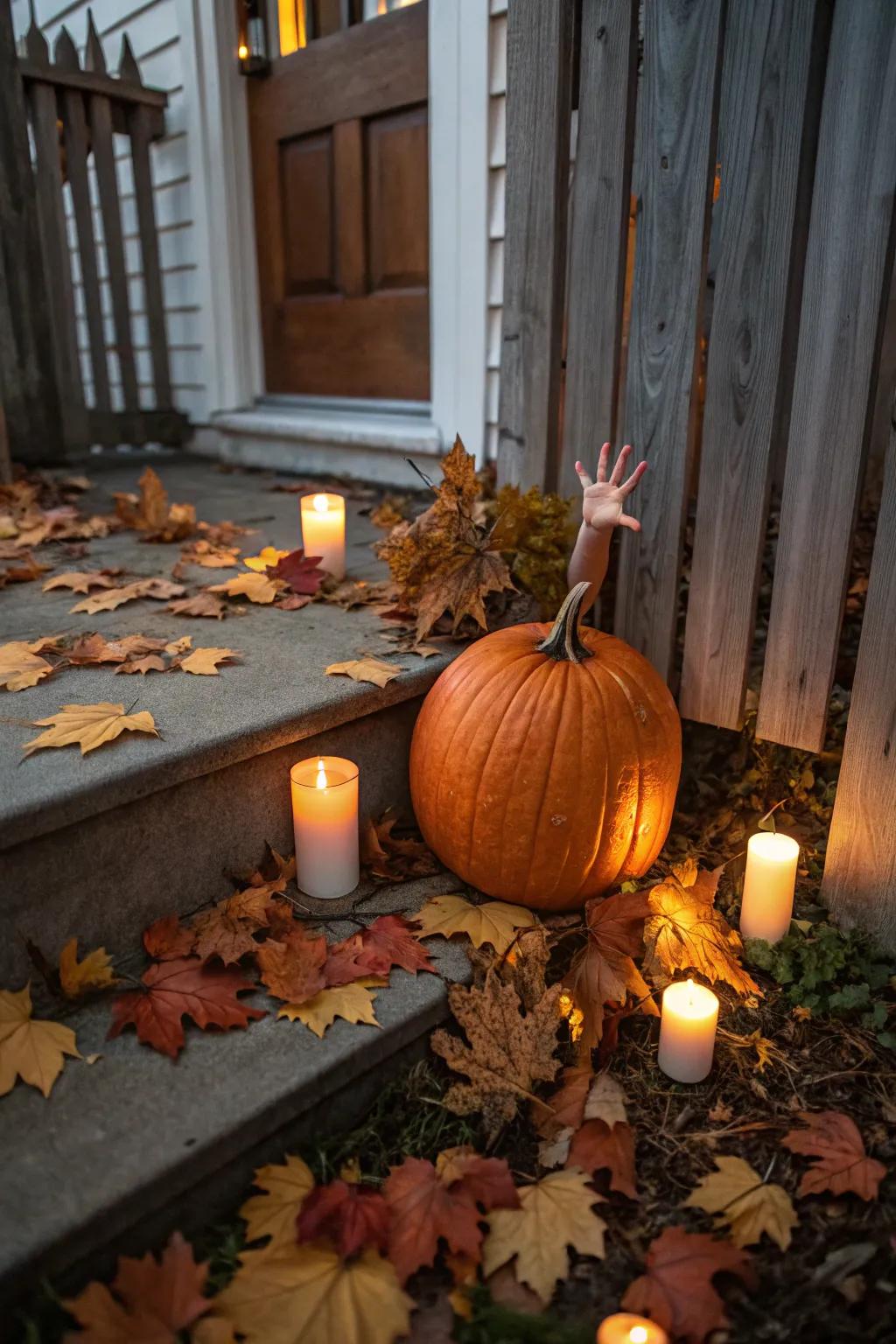A playful yet eerie baby doll pumpkin decoration.