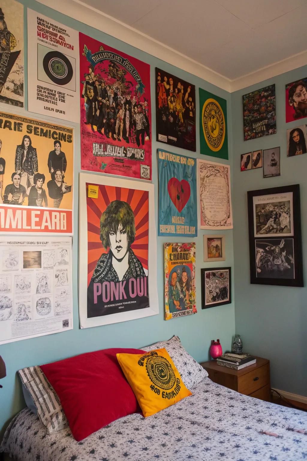 Spark an energetic ambiance using a collage of punk band posters and artwork.