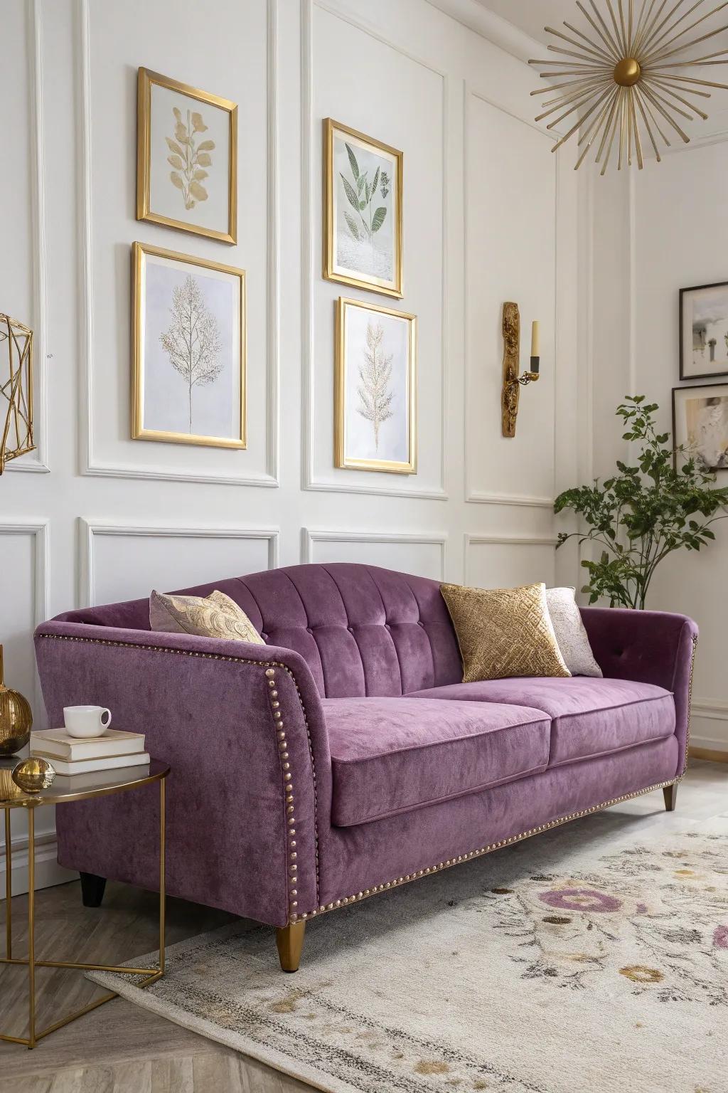 A soft velvet couch provides opulence and relaxation to any space.