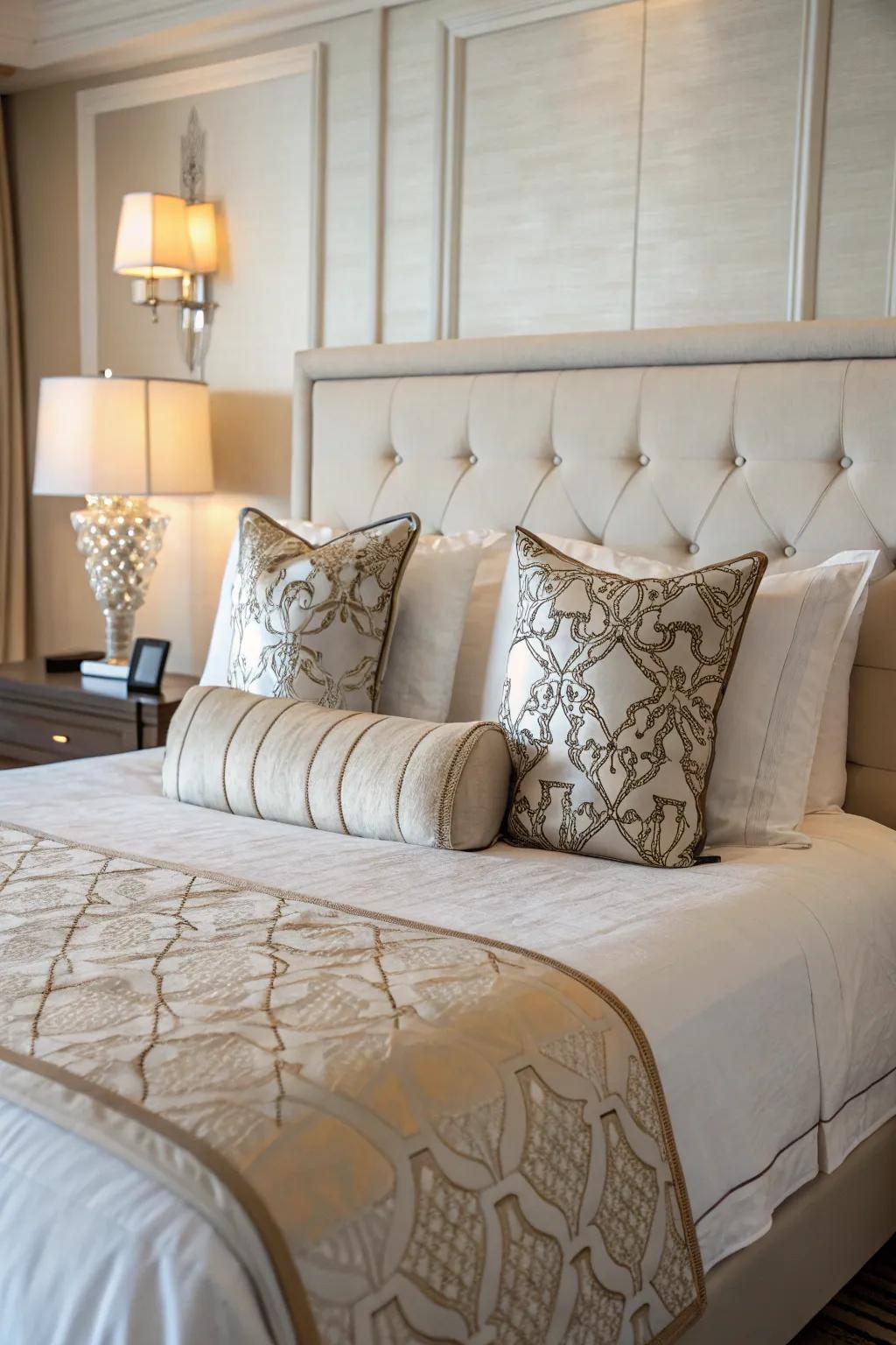 A stabilized and symmetrical pillow layout gracing a queen bed.