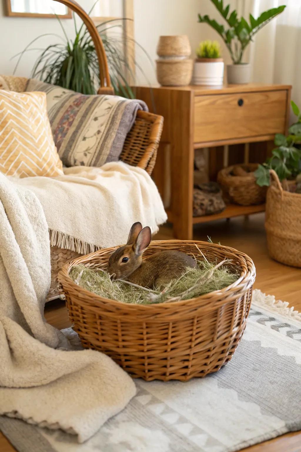 A wicker basket overflowing with chow, gives a rustic vibe to the room.