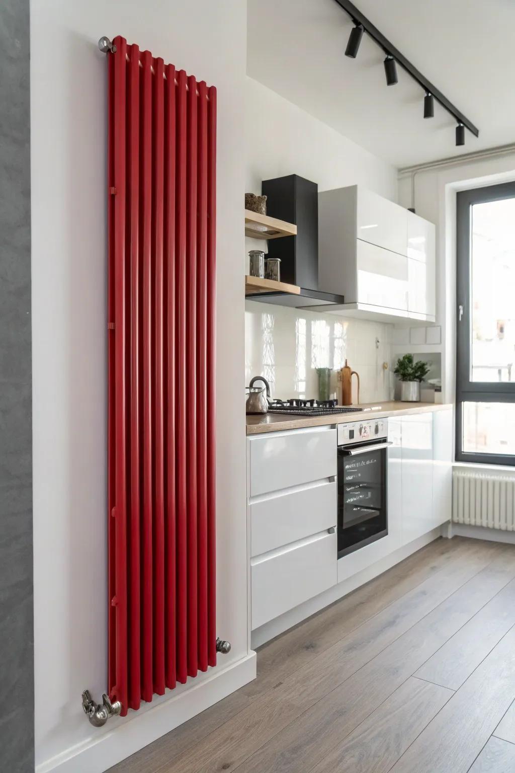A striking red radiator infuses passion into a neutral kitchen.