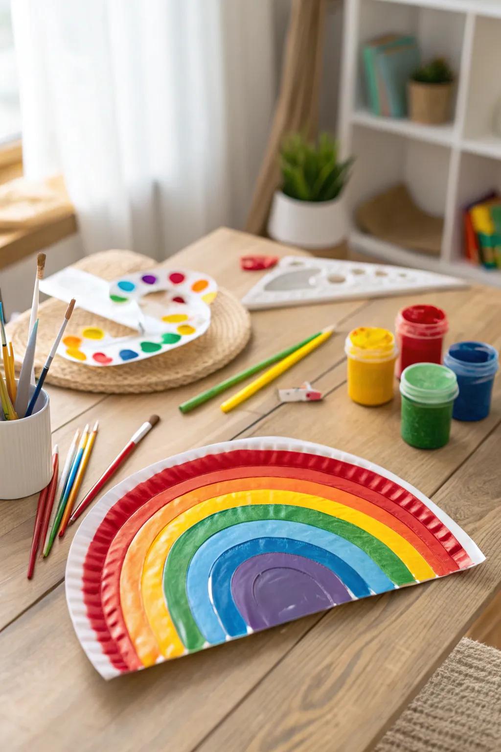 A lively cardboard plate reimagined as a rainbow arc.