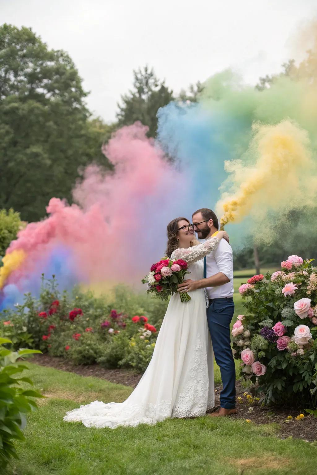 A couple striking a pose against a prismatic haze maker backdrop for their nuptial visuals.