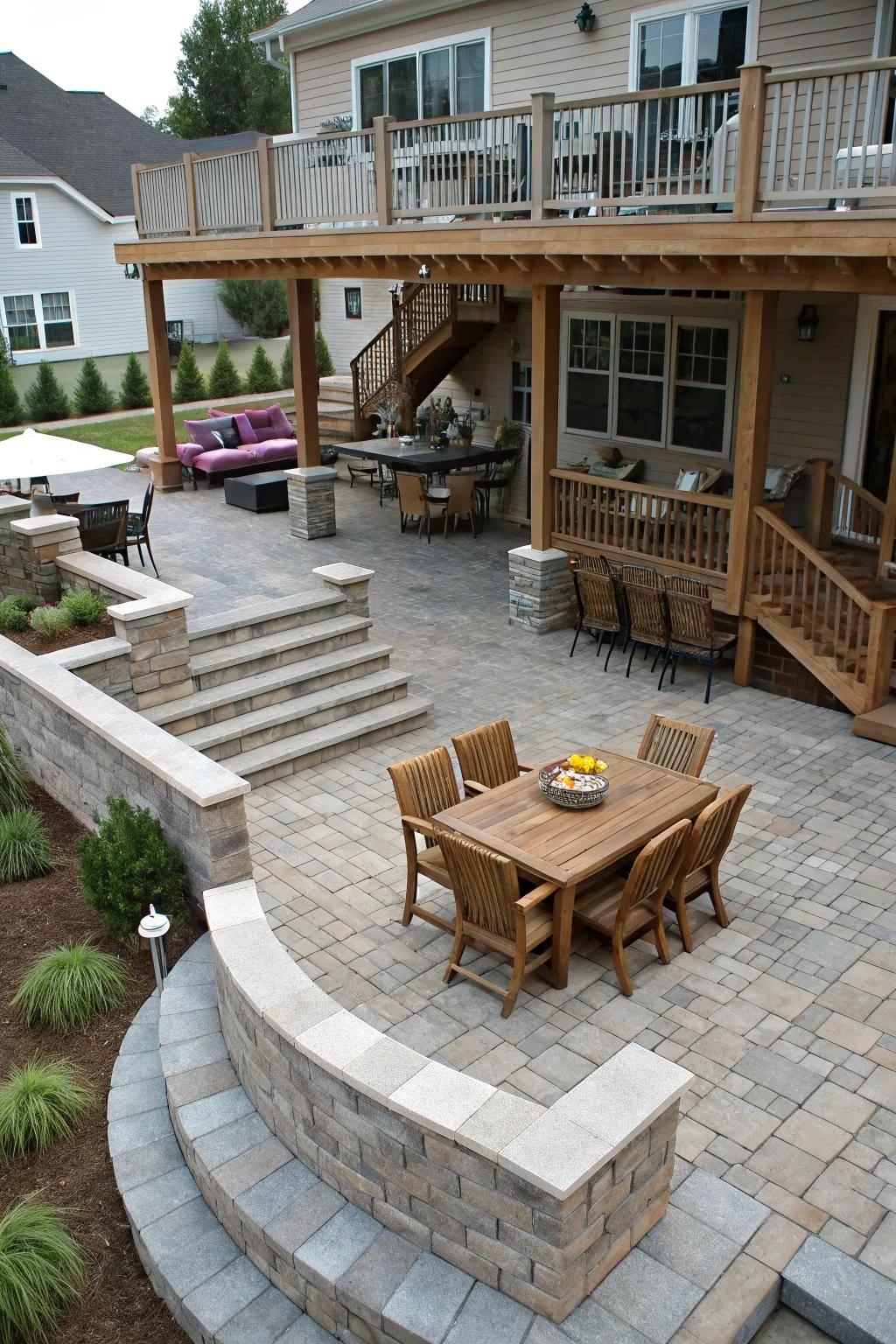 A tiered patio design offers specialized areas for different activities.