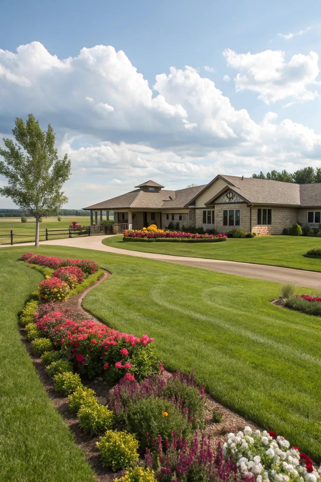 Vibrant lawns and colorful floral arrangements boost the ranch house's curb appeal.