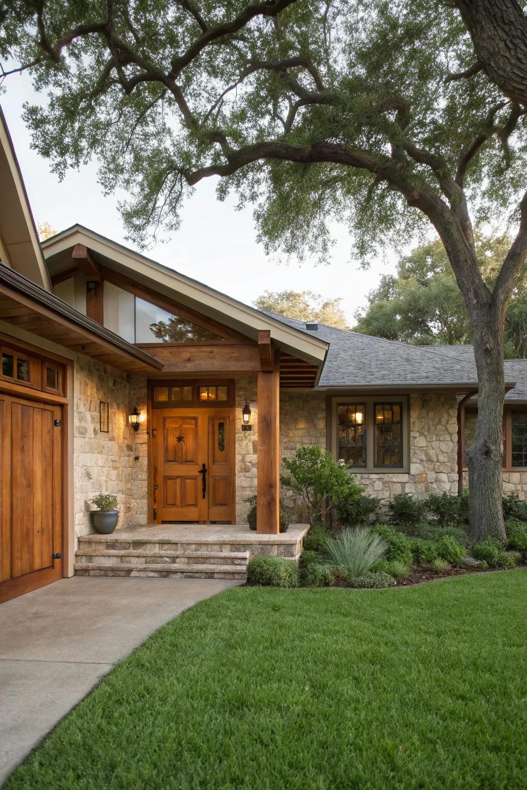 A traditional wood entrance infuses warmth into any ranch-style home.