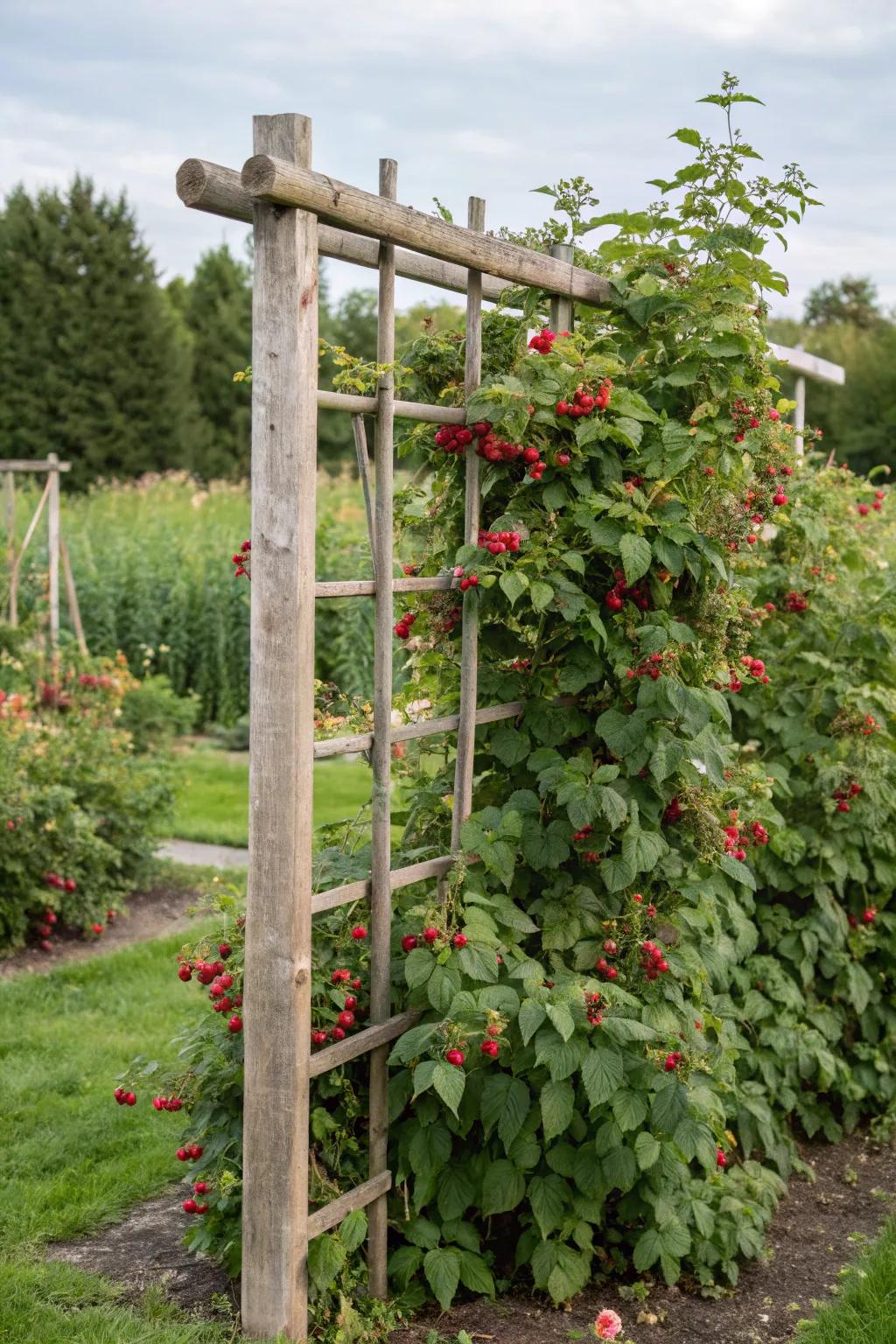 A classic wooden trellis towering amidst a flourishing raspberry patch.