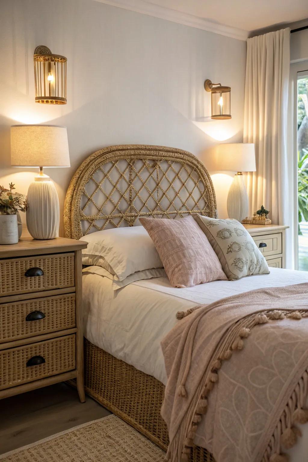 A rattan headboard creates a cozy and appealing atmosphere in your bedroom.