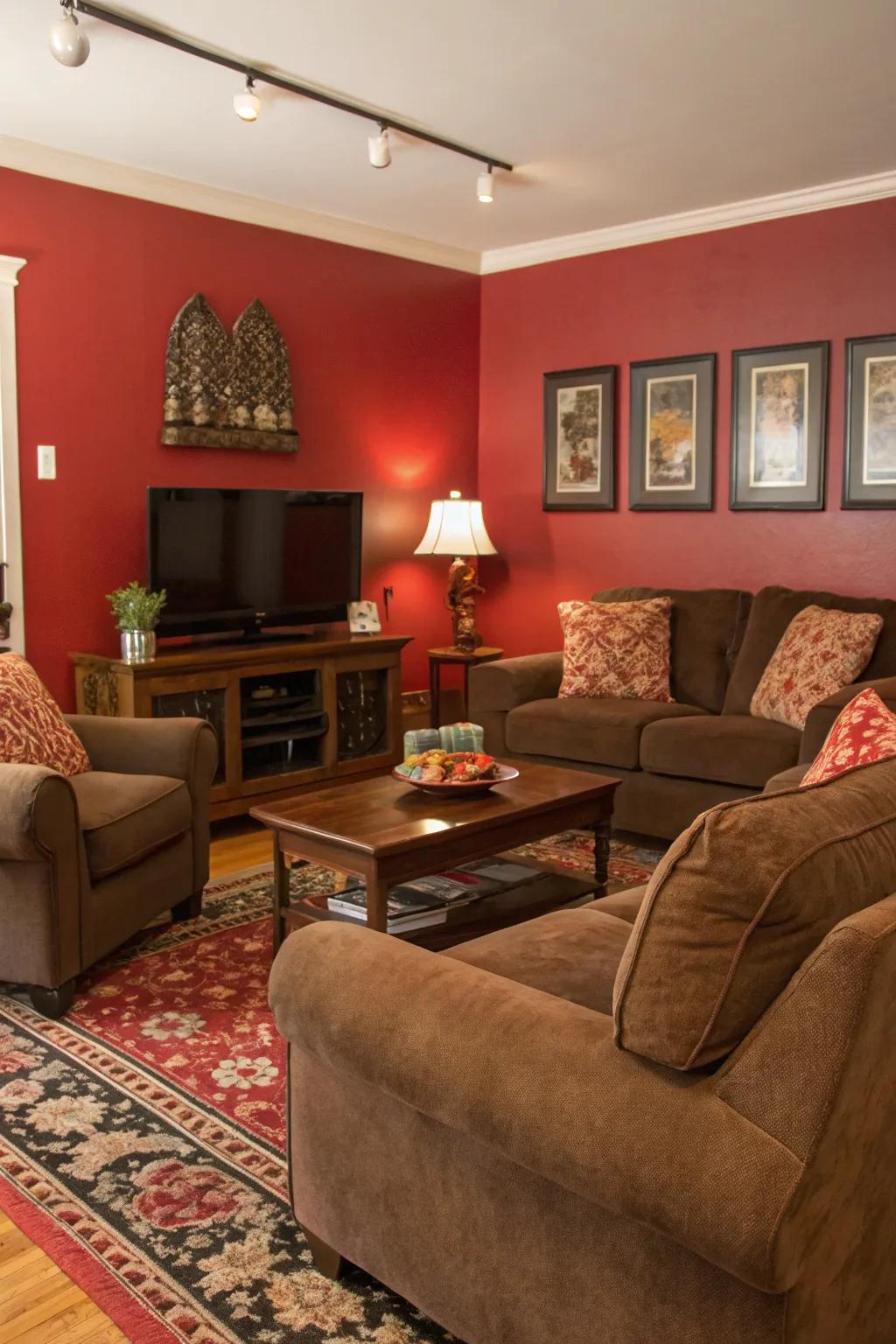 A striking red feature wall provides depth and draws the eye in the family room.