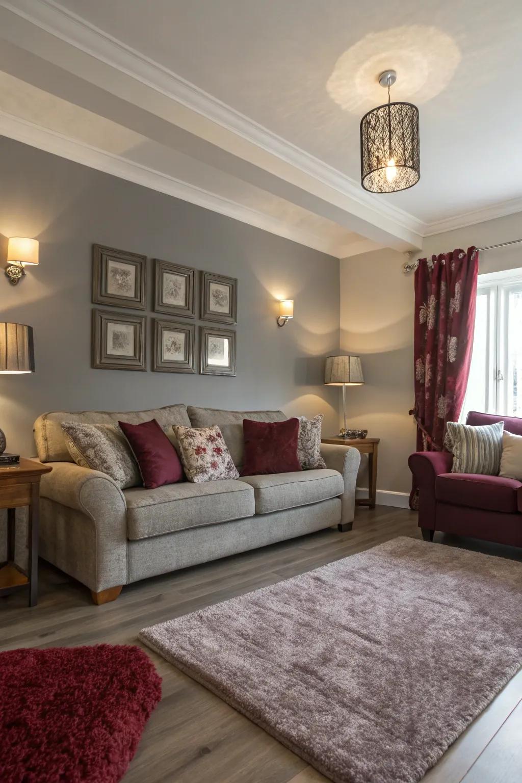A comforting living area where soft charcoal and profound crimson establish a subtle equilibrium.
