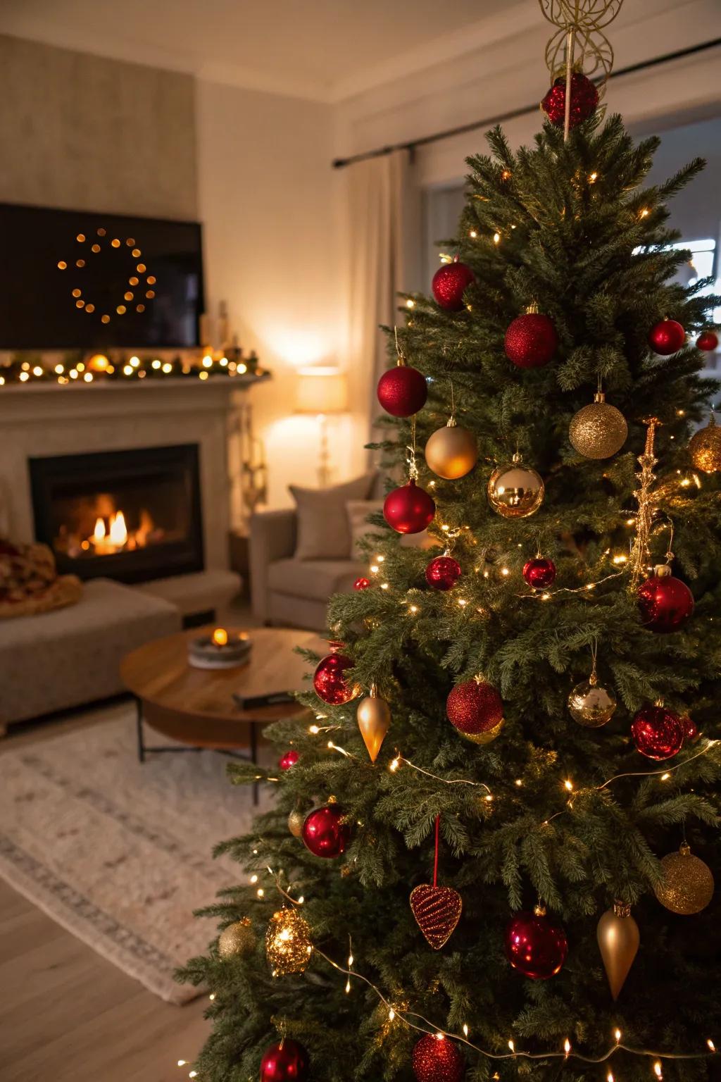 Classic red and gold ornaments enhance any Christmas tree's appeal.