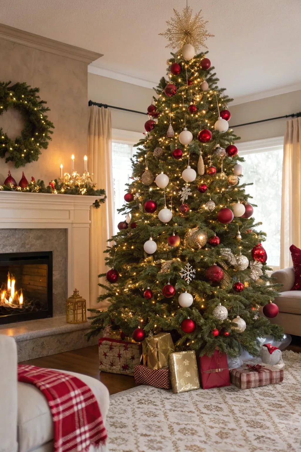 A Christmas tree displaying timeless sophistication through scarlet and gilded ornaments.