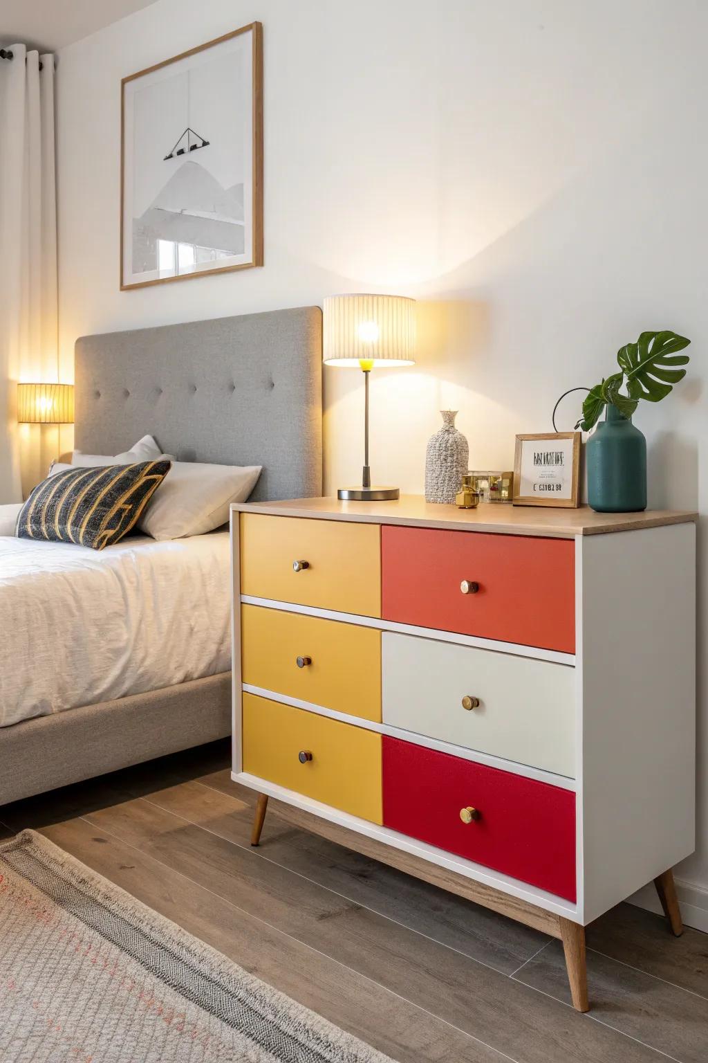 A dresser featuring color blocks injects a burst of personality into any space.