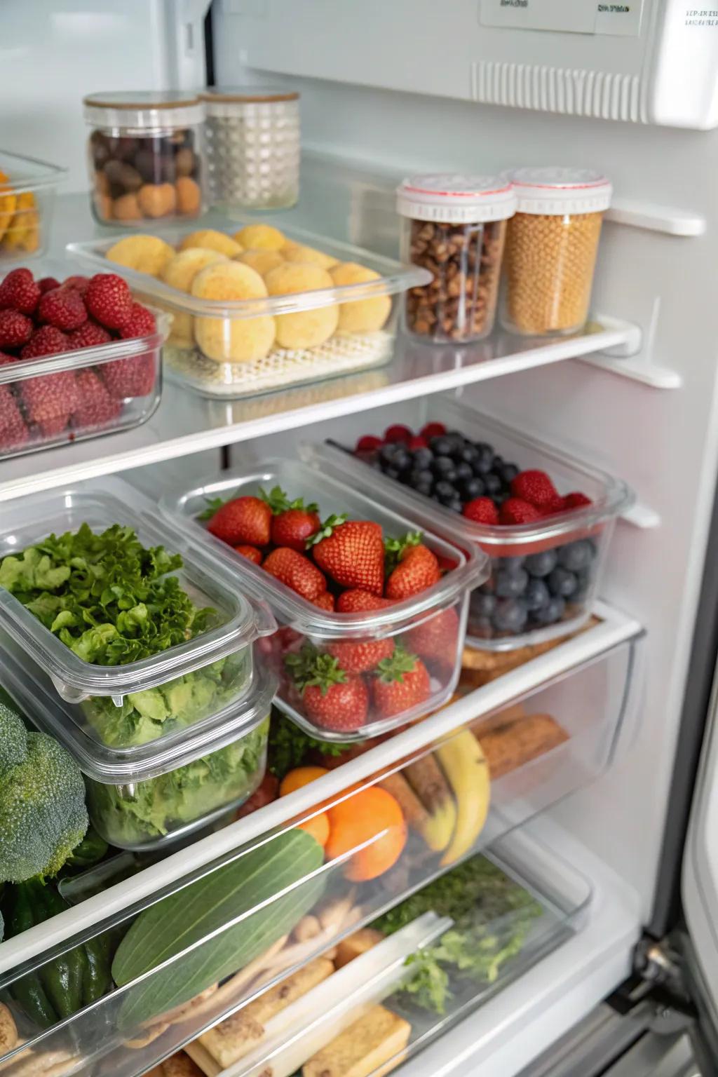 Using clear containers helps you keep your fridge organized and makes it easy to see what's inside.