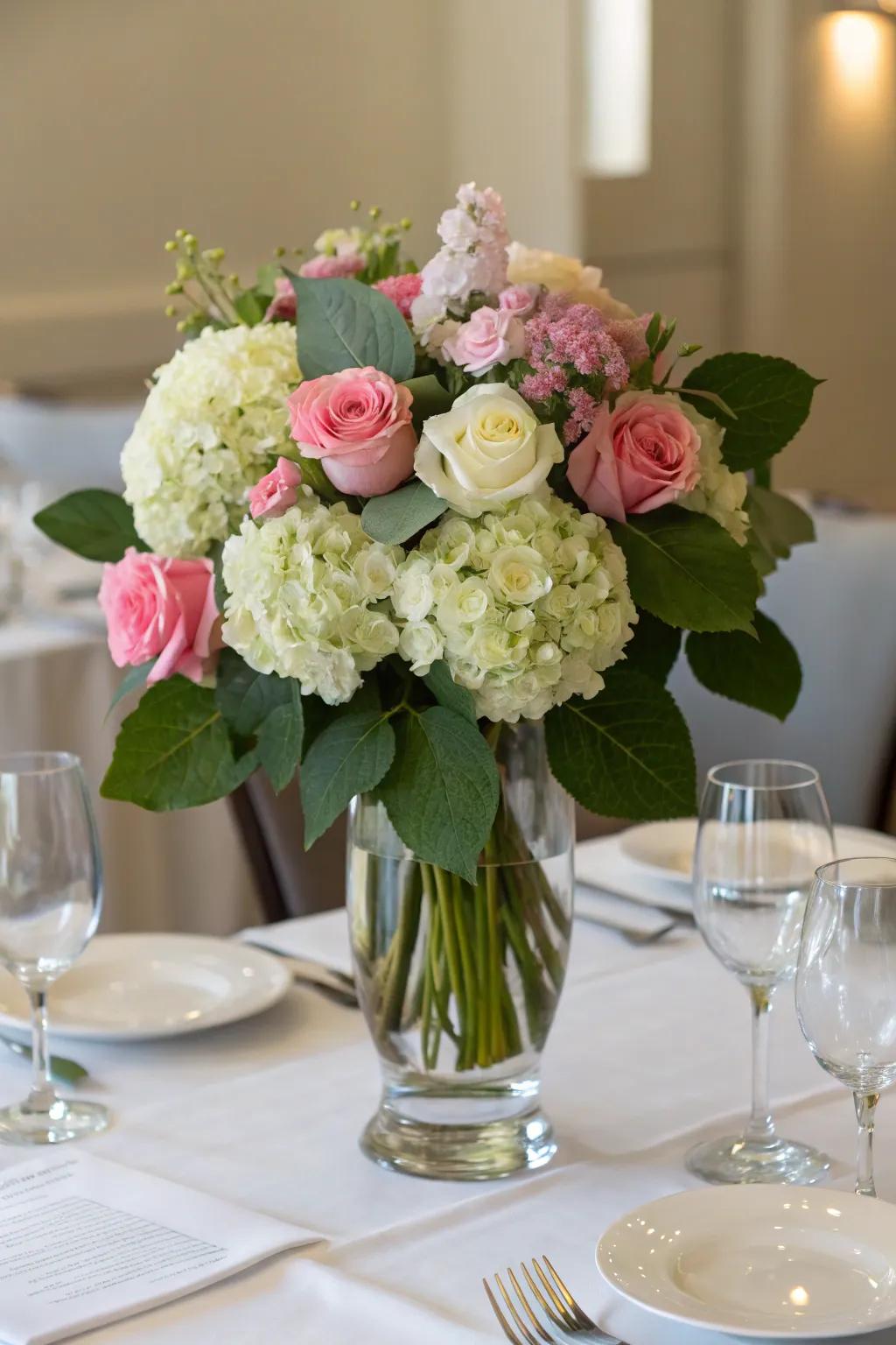 Refined floral displays showcasing roses and hydrangeas.