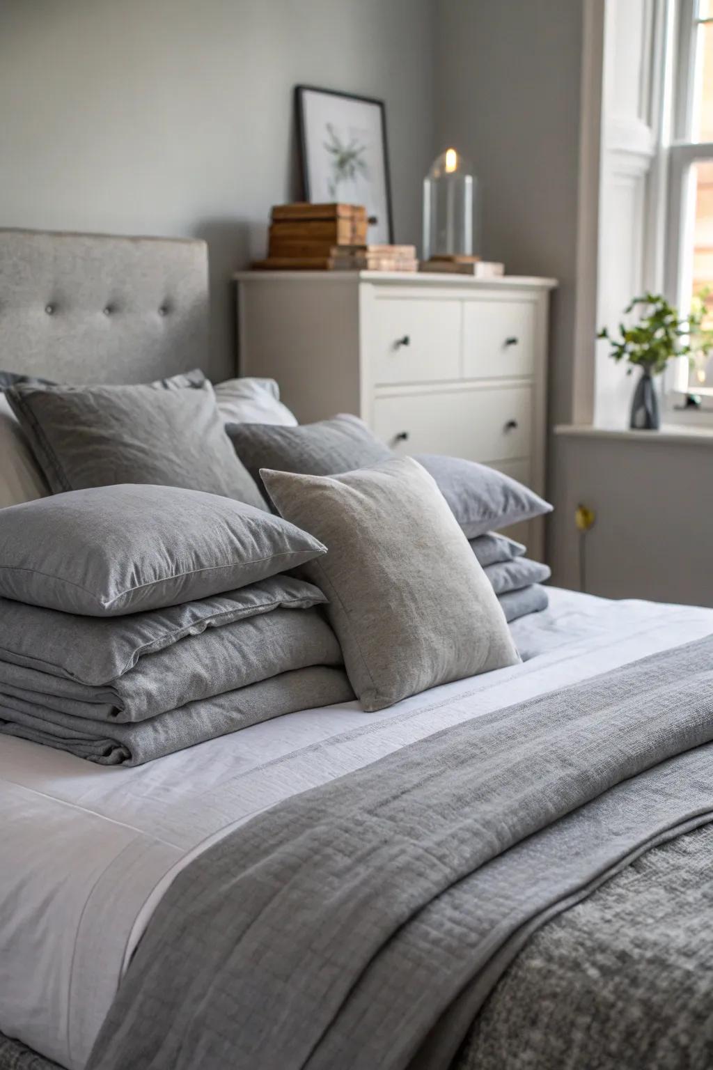 Layering textiles in tranquil mist brings dimension and coziness to the bedroom.