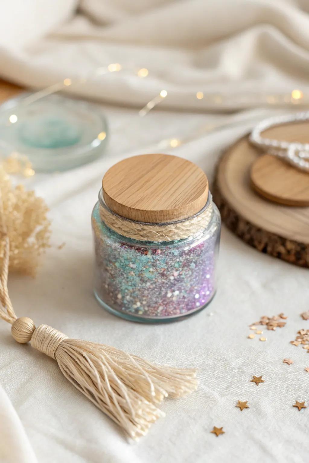 Radiant Calm: A dash of enchantment and simplicity in each sparkle-filled resin bottle.