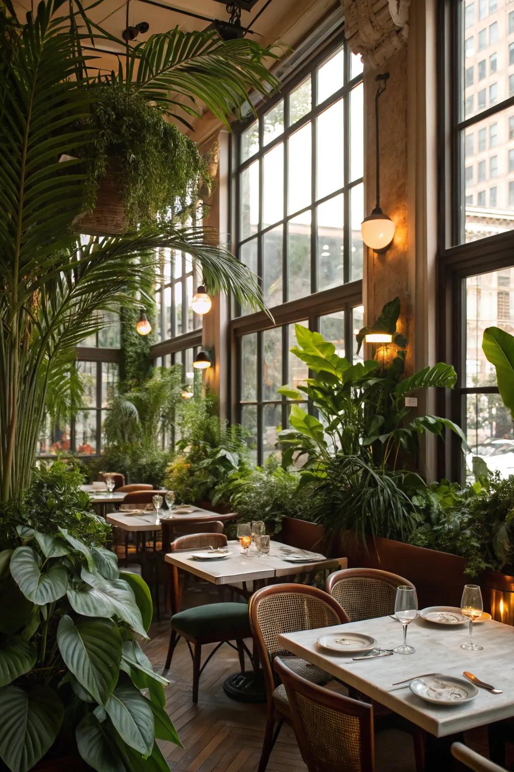 Natural components mix life into eatery insides, making a quiet eating environment.