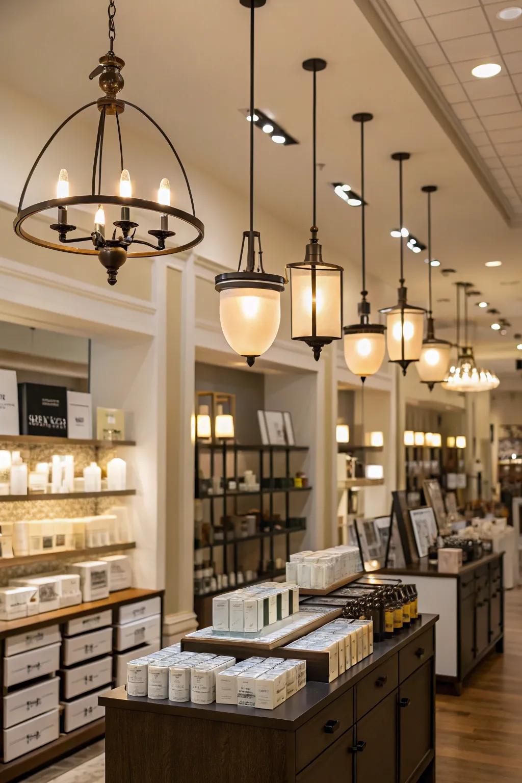 Ambient lighting enhances product showcases and fosters a comfortable shopping atmosphere.