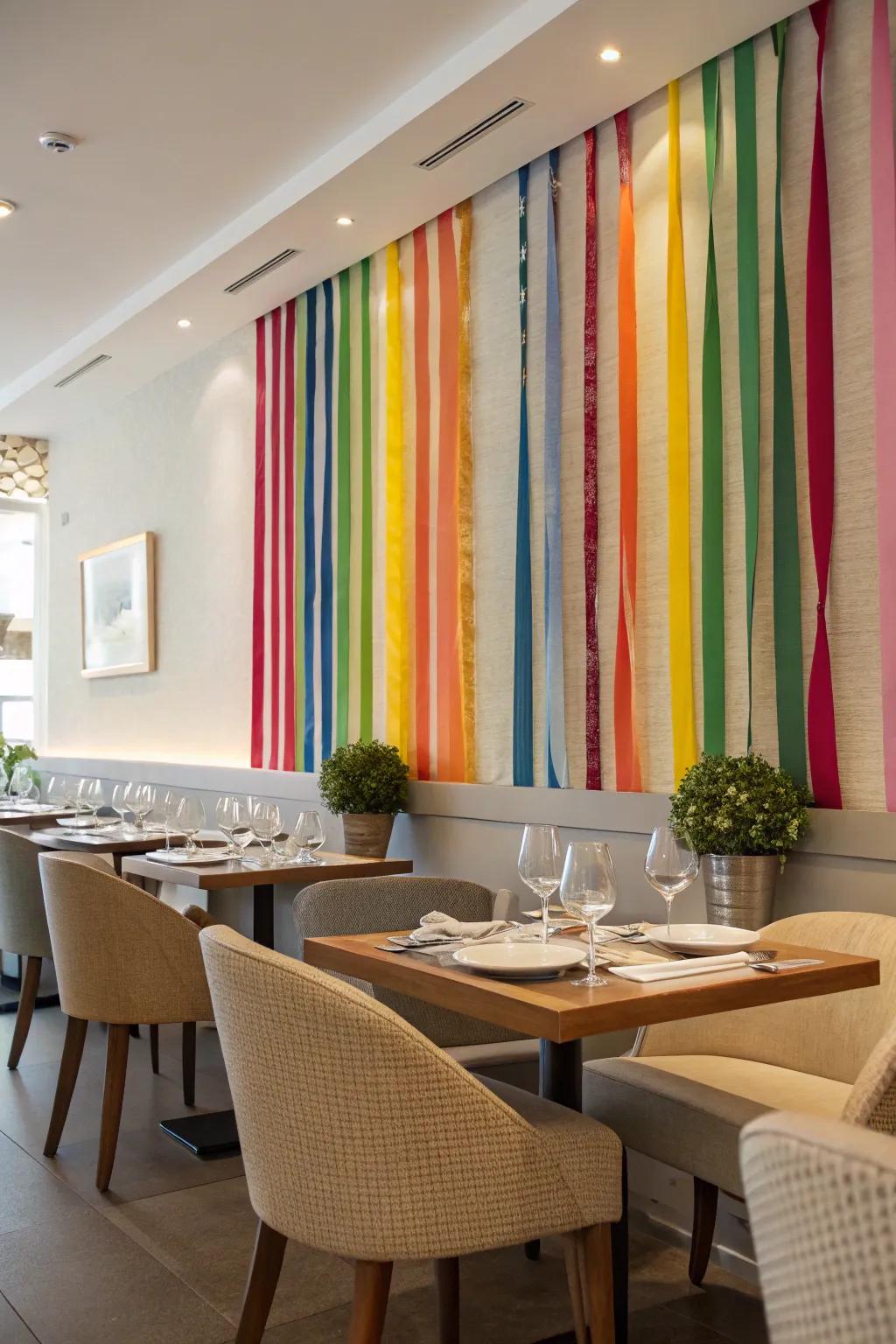 A lively fabric strip backdrop ready for hosting.