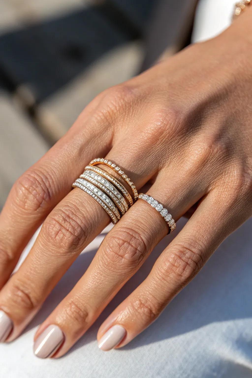 Elegant Rings Stacked High on One Finger