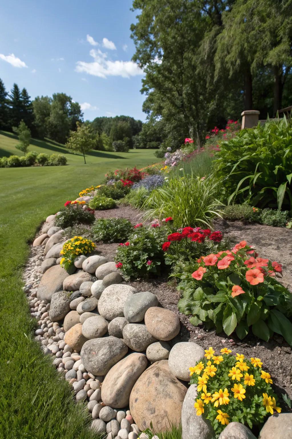 Establish distinct and sophisticated garden perimeters via streamside stones.