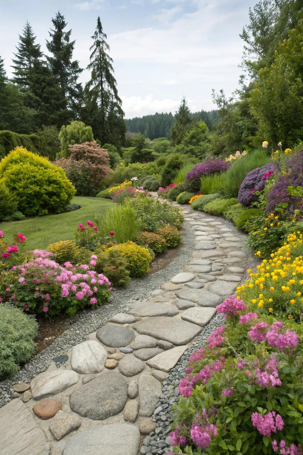 A serene pebble walkway beckons you to discover the splendor of nature.