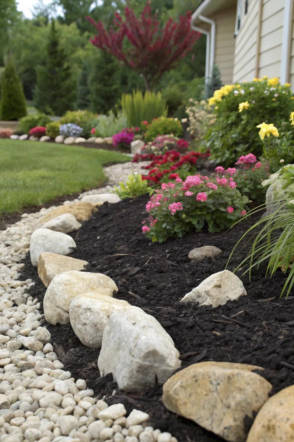 The high contrast between deep ground cover and light stones creates a stunning visual effect in this garden.