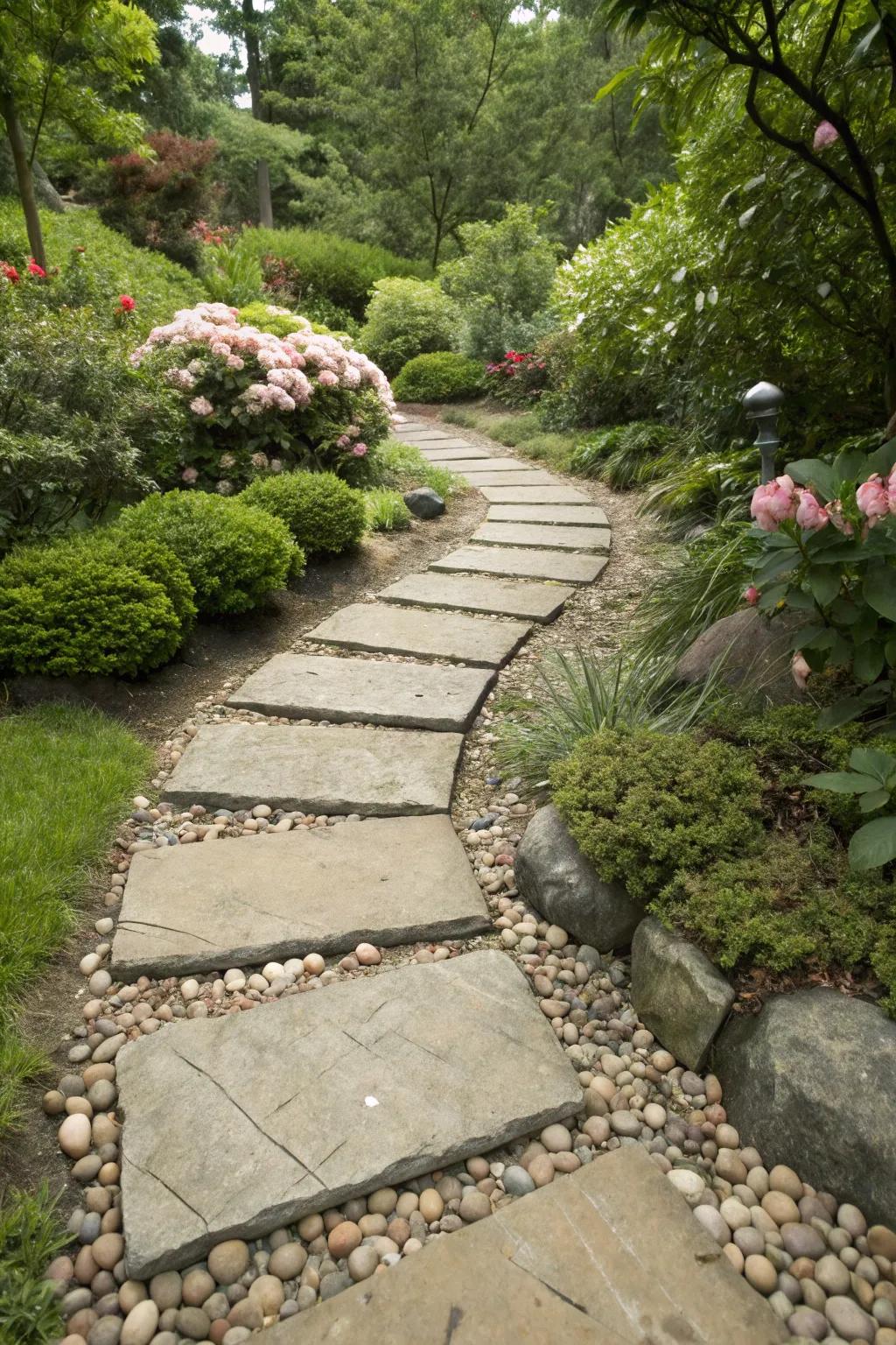 An innate stone walkway encourages discovery through vibrant vegetation.