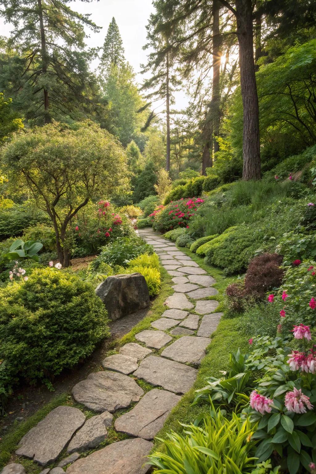 A spiraling stone walkway via a lush, welcoming garden.