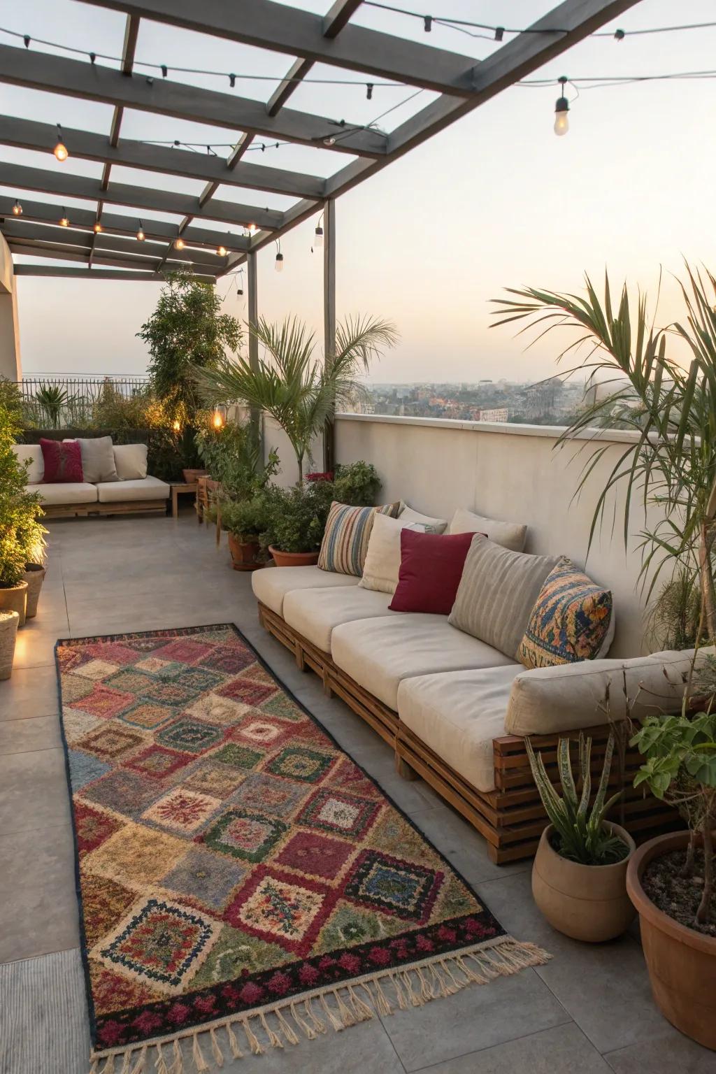 A cozy seating arrangement transforms your rooftop into an enchanting retreat.