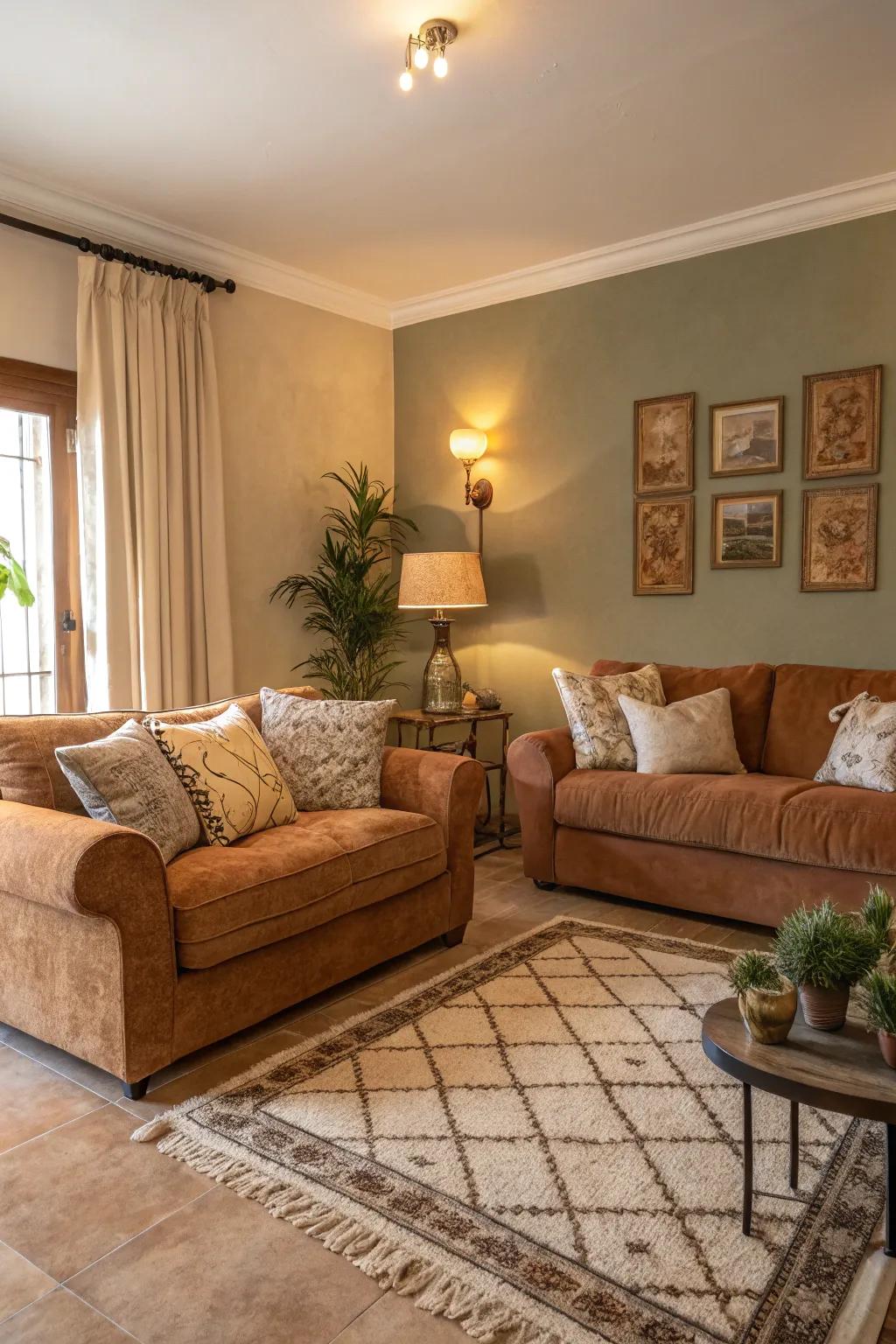 A snug living area featuring warm, earthy tones and lavish furnishings.