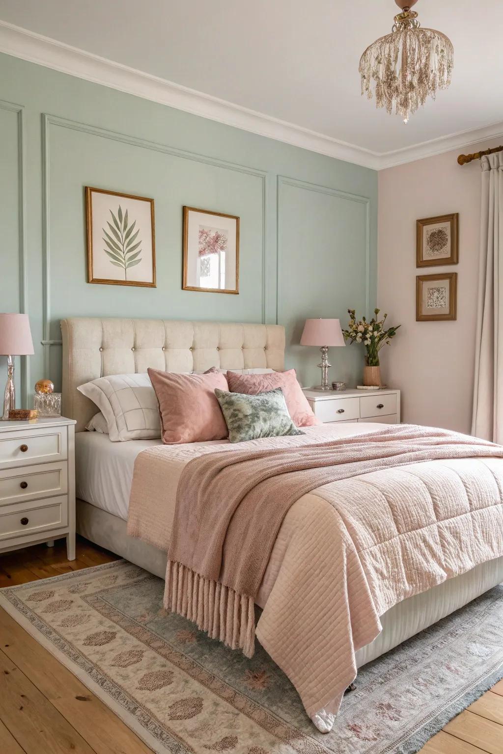A serene bedroom featuring gentle pastel shades and inviting textures.