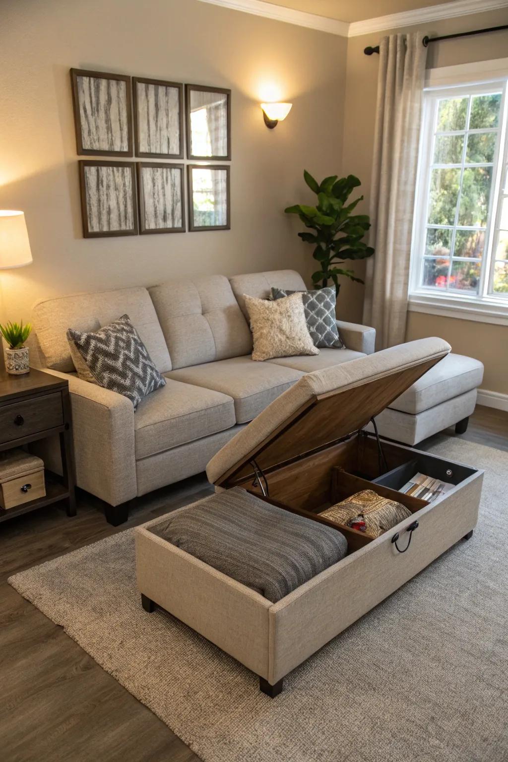 A refined living space showcasing furniture that serves multiple purposes for a fashionable and functional layout.