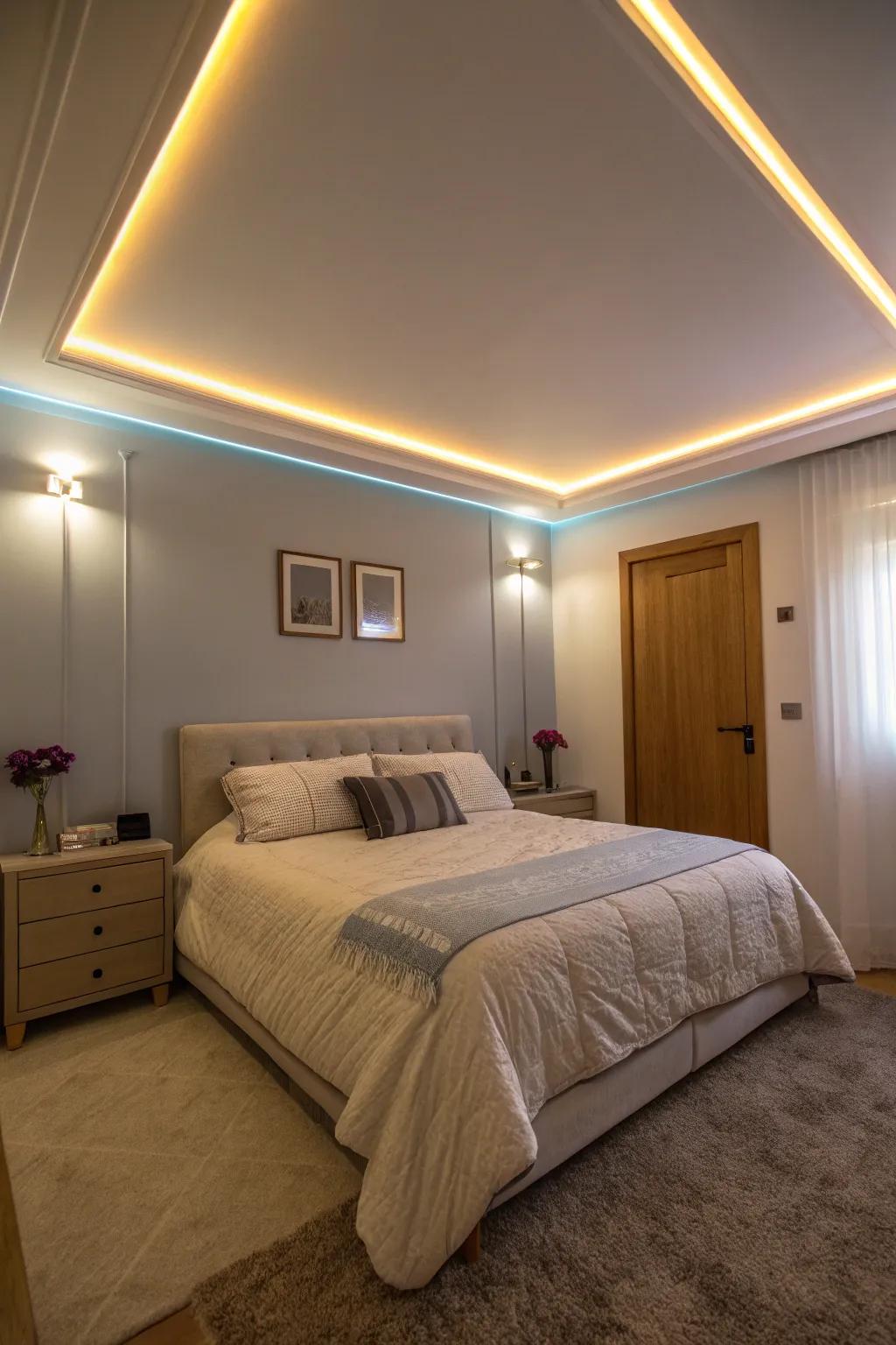 A softly illuminated ceiling with LED strips creates a cozy ambiance.