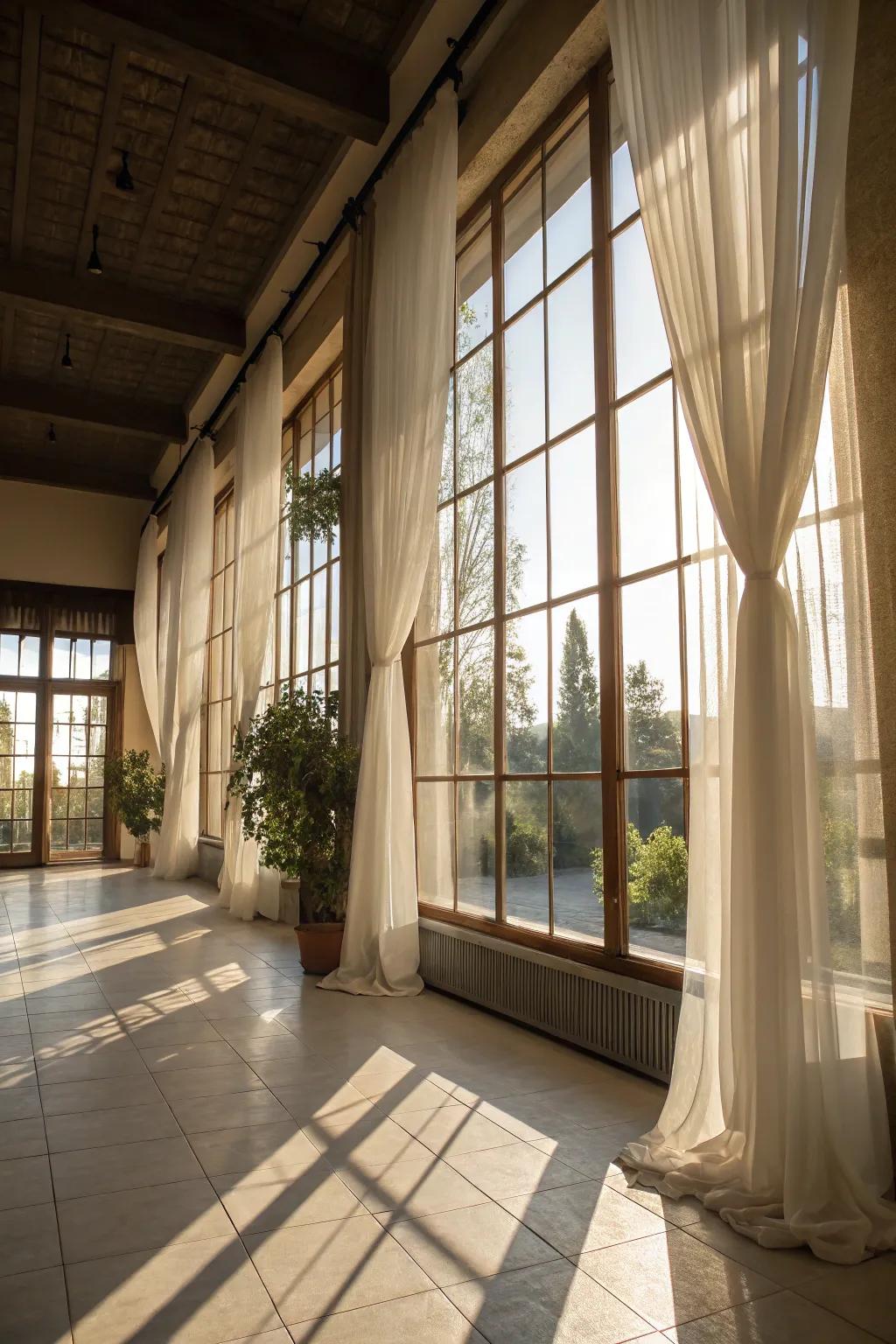 A luminous area embracing daylight with broad windows and lightweight curtains.