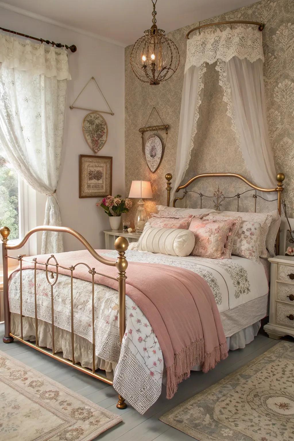 An eye-catching blush-toned bedframe defines the bedroom's aesthetic.