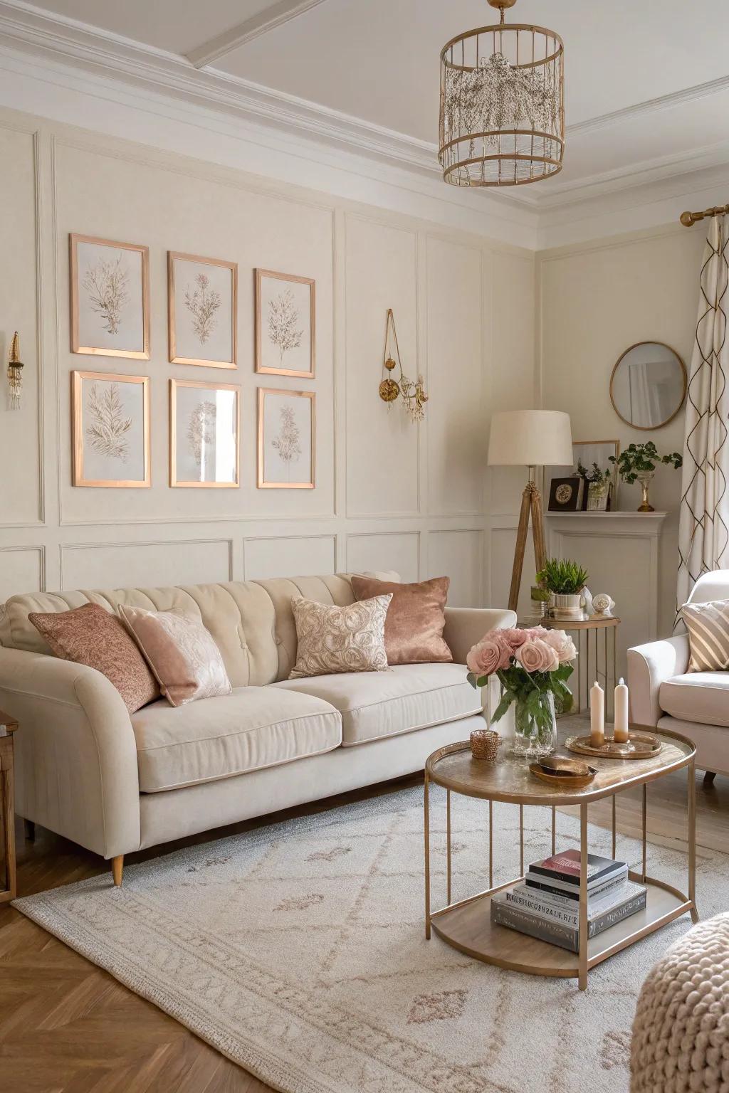 A subtle backdrop in the living area highlights the rose gold details.